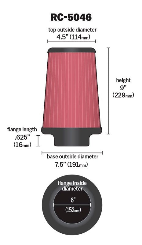K&N Engineering K&N Universal Chrome Filter 6 inch FLG / 7.5 inch Base / 4.5 inch Top / 9 inch Height RC-5046