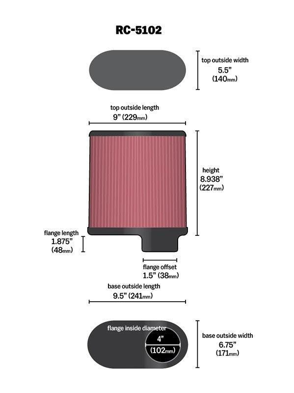 K&N Engineering K&N Universal Chrome Filter 4inch FLG / 9.5 inch X 6.75 inch Base / 9 inch X 5.5 Inch Top / 8 5/16 i RC-5102