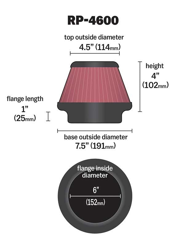K&N Engineering K&N Universal Round Tapered Carbon Fiber Air Filter 6in Flg ID Centered/7.5in B OD/4.5in T OD/4in H RP-4600