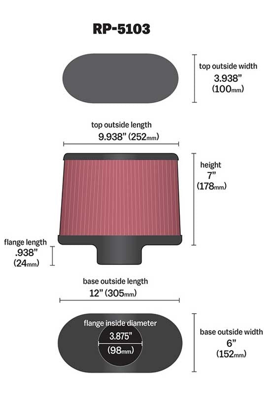 K&N Engineering K&N Universal Filter with Carbon Fiber Top & Base-12in Base O/S Length x 6in Base O/S Width x 7in H RP-5103