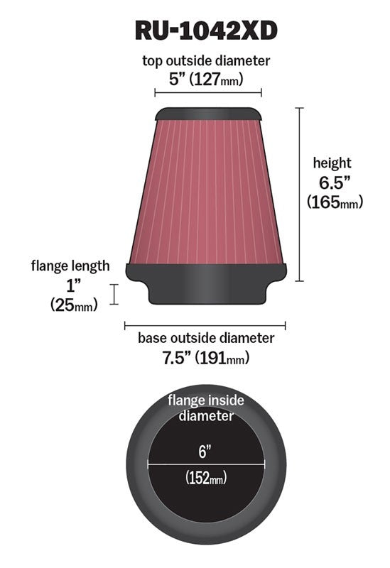 K&N Engineering K&N Universal Clamp-On Air Filter 6in FLG / 7-1/2in B / 5in T / 6-1/2in H RU-1042XD