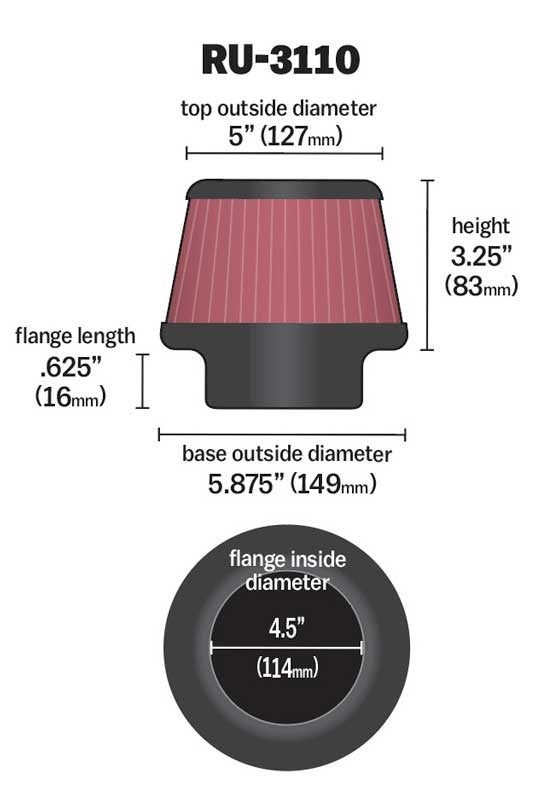 K&N Engineering K&N Universal Rubber Filter Round Tapered 4.5in Flange ID x 5.875 Base OD x 5in Top OD x 3.25in H RU-3110