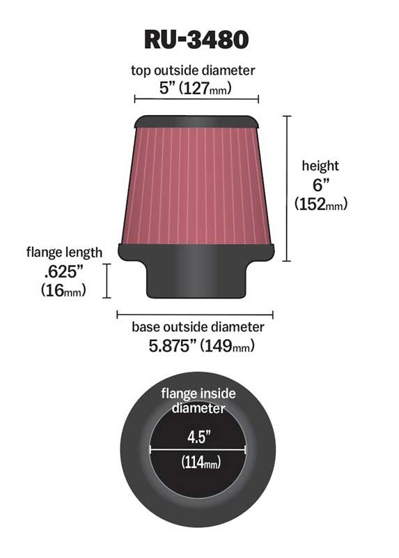 K&N Engineering K&N Universal Rubber Filter 4 1/2 inch FLG / 5 7/8 inch Base / 5 inch Top / 6 inch Height RU-3480