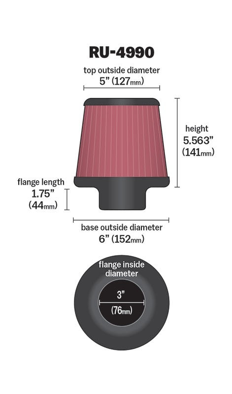 K&N Engineering K&N Filter Universal Rubber Filter-Rd Tapered 3in Flange ID x 6in Base OD x 5in Top OD x 5.563in H RU-4990