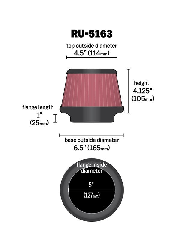K&N Engineering K&N Universal Rubber Filter 5in Flange ID x 6.5in Base OD x 4.5in Top OD x 4.125in Height RU-5163
