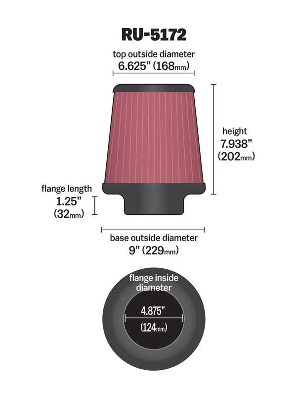 K&N Engineering K&N Universal Rubber Filter-Round Tprd 4.875in Flange ID x 9in Base OD x 6.625in Top OD x 7.938in H RU-5172