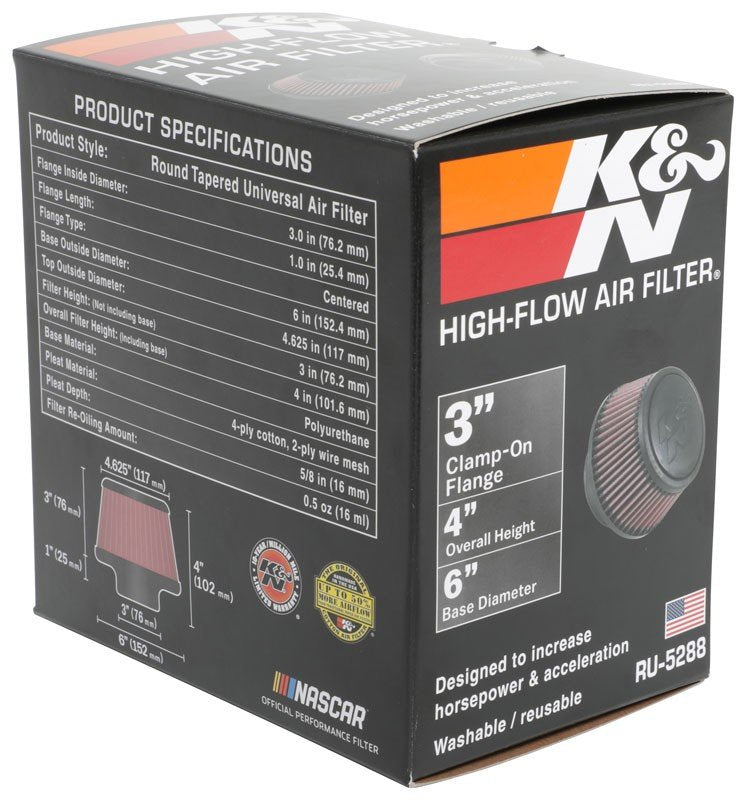 K&N Engineering K&N Universal Round Clamp-On Air Filter 3in Flange ID x 6in Base OD x 4.625in Top OD x 3in Height RU-5288