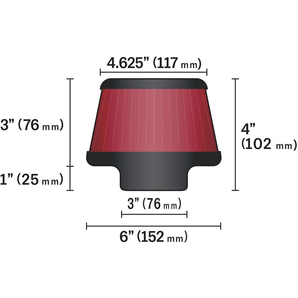 K&N Engineering K&N Universal Round Clamp-On Air Filter 3in Flange ID x 6in Base OD x 4.625in Top OD x 3in Height RU-5288