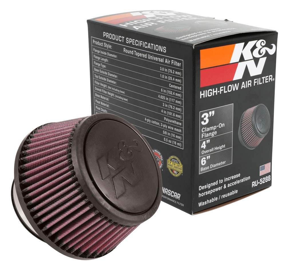 K&N Engineering K&N Universal Round Clamp-On Air Filter 3in Flange ID x 6in Base OD x 4.625in Top OD x 3in Height RU-5288