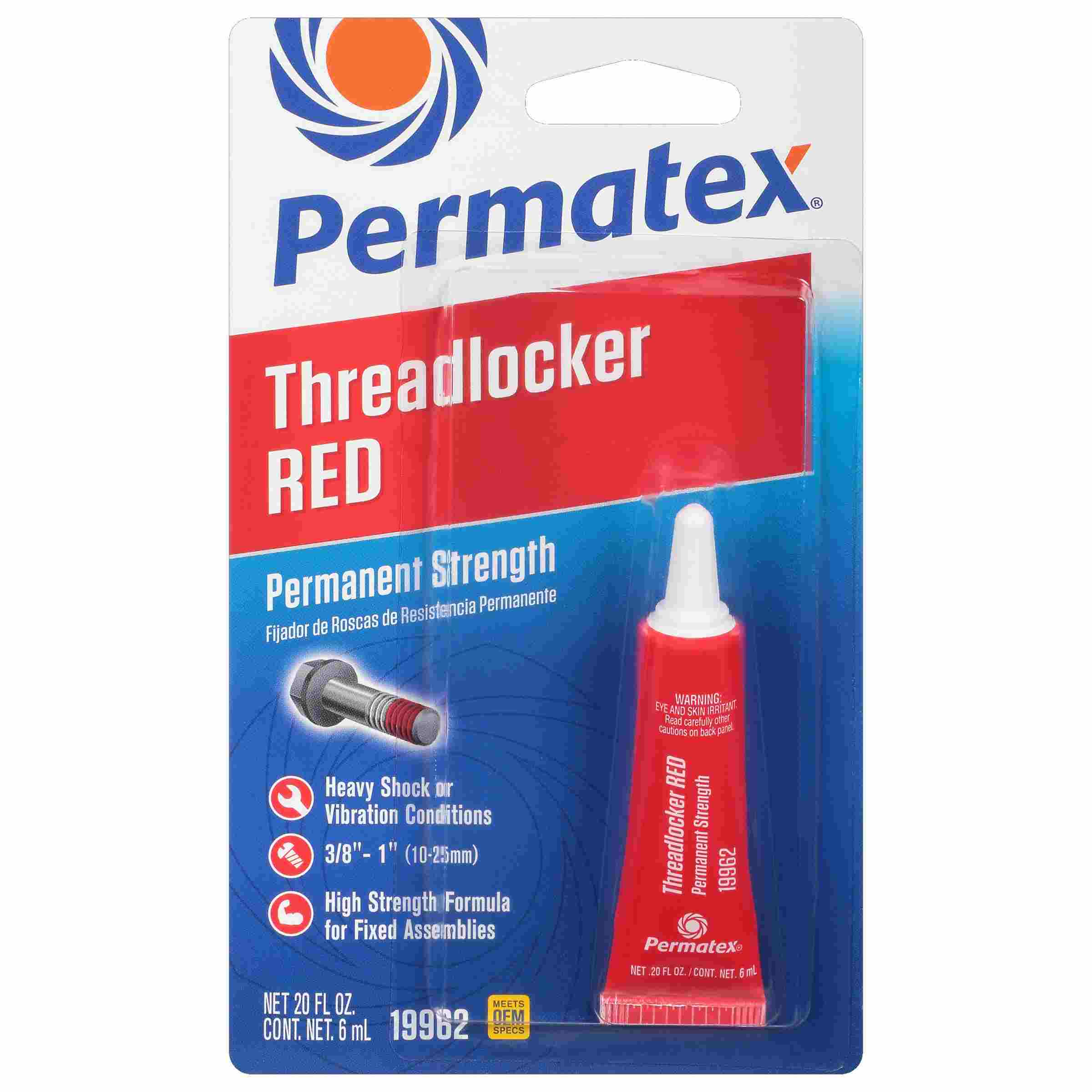 Permatex Permanent Strength Threadlocker Red , 6 mL tube, carded, Each