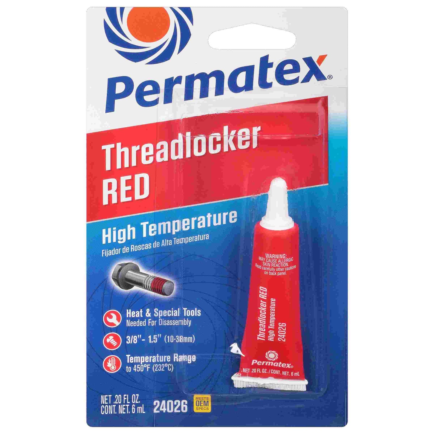 Permatex High Temperature Threadlocker Red , 6 mL tube, carded, Each