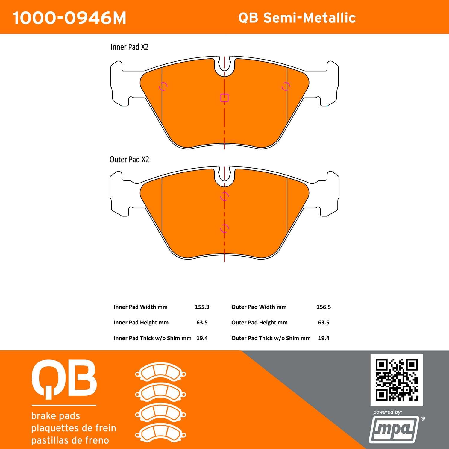 Quality-Built QB Semi-Metallic Brake Pads 1000-0946M
