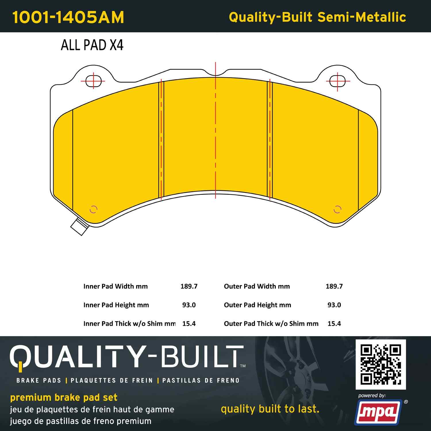 Quality-Built Quality-Built Premium Semi-Metallic Brake Pads w/ Hardware 1001-1405AM