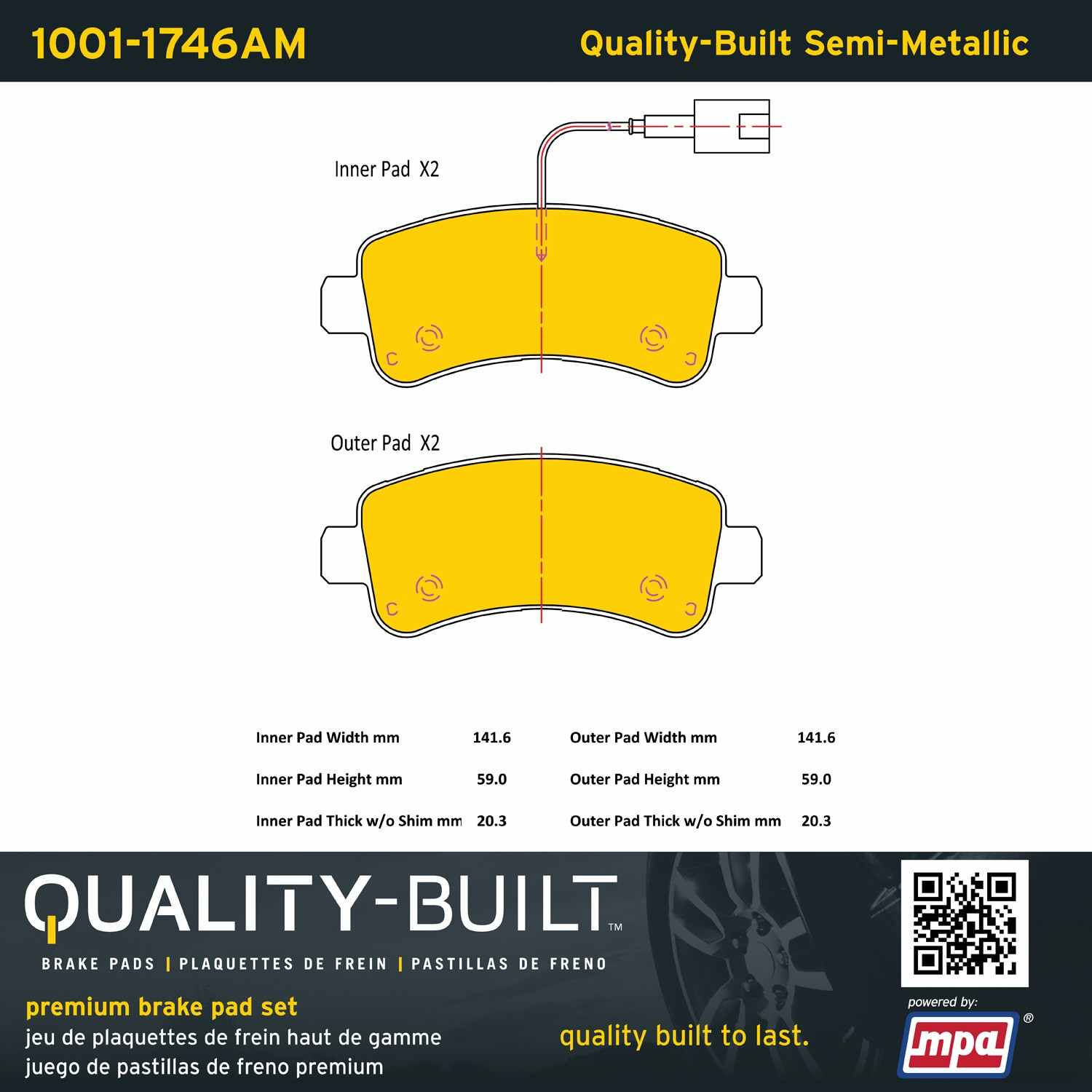 Quality-Built Quality-Built Premium Semi-Metallic Brake Pads w/ Hardware 1001-1746AM
