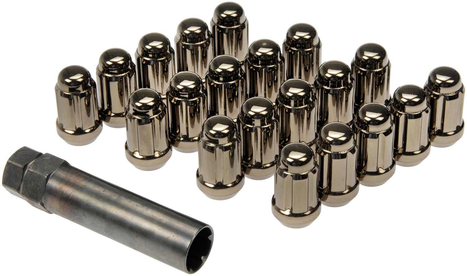 Dorman Lug Nut, Steel, Gunmetal Chrome, 1/2-20, Conical, 19mm or 21mm Wrench,