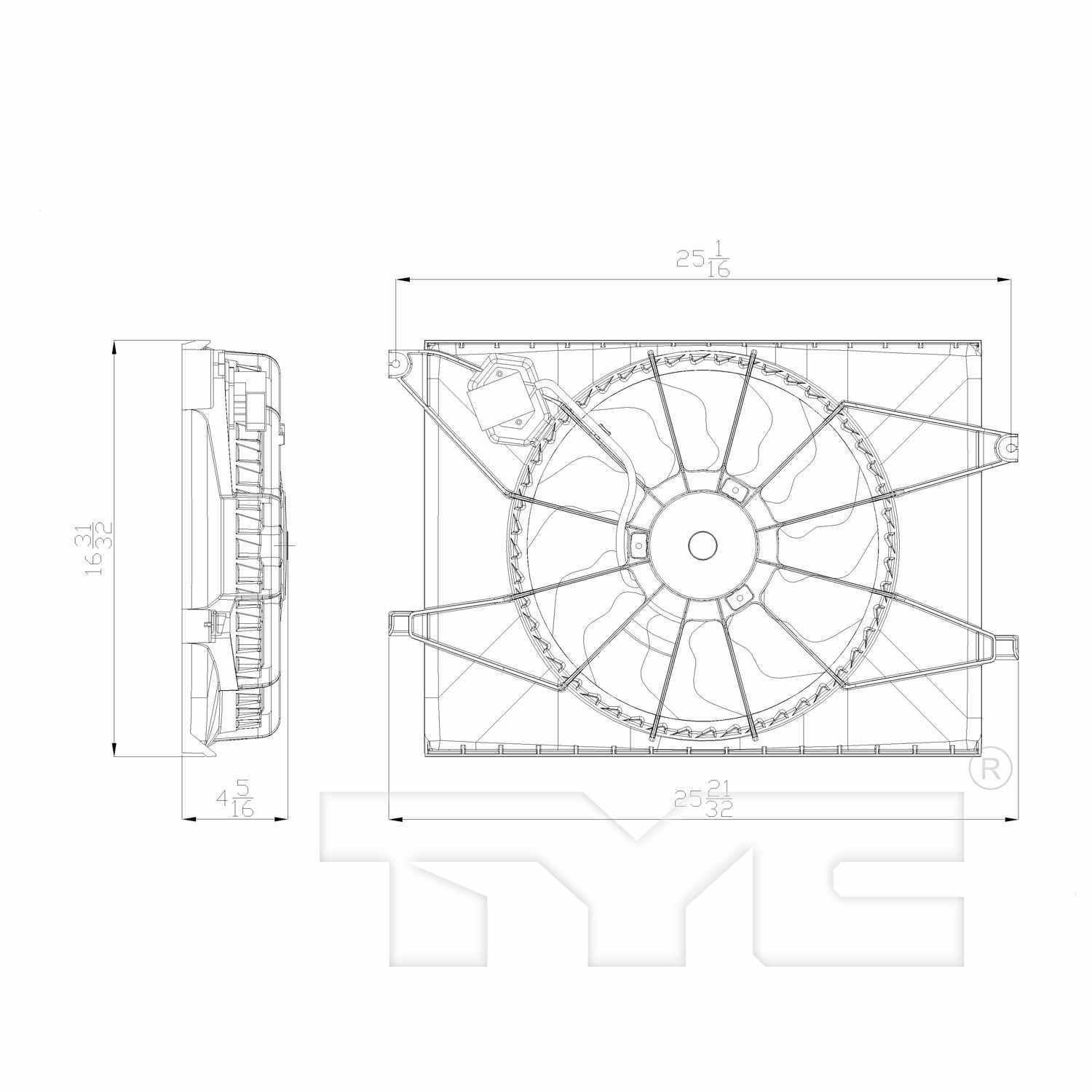 TYC Dual Radiator and Condenser Fan Assembly  top view frsport 622250