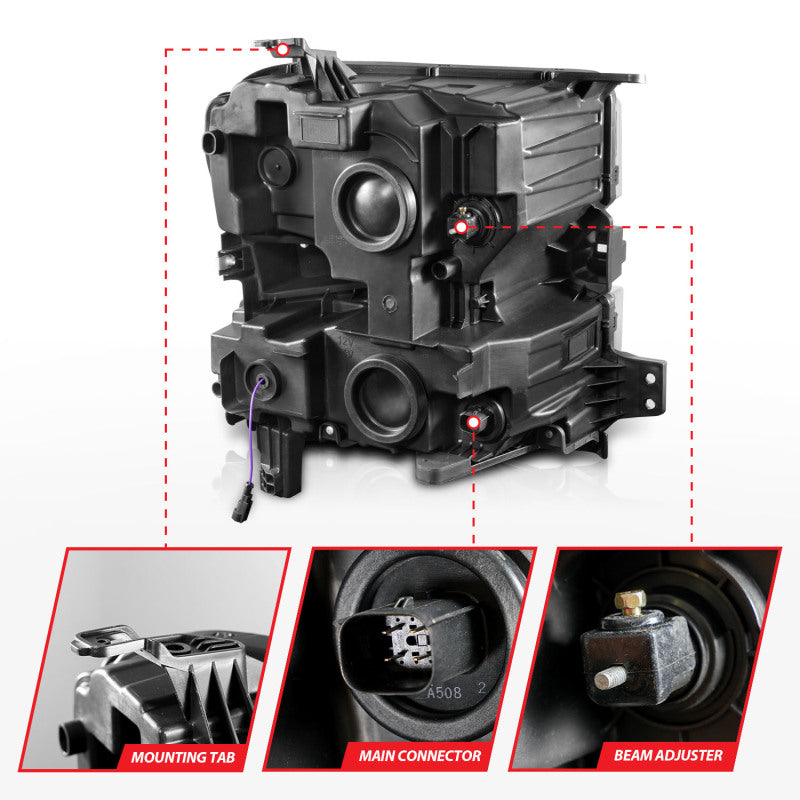 ANZO 19-22 Chevrolet Silverado 1500 LED Proj HL w/Lgt Bar SwBk Seq. Blk w/In. Light - Driver Side ON 111566-L 111566-L Photo - Unmounted