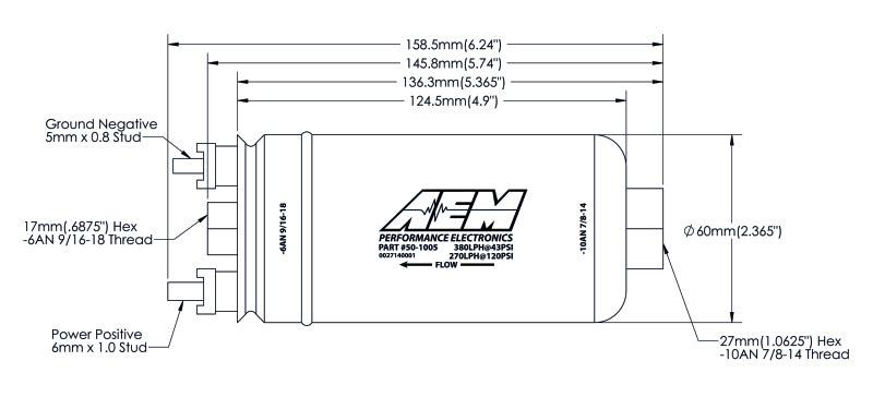 AEM Electronics 380lph Inline High Flow Fuel Pump 50-1005 Technical Drawing