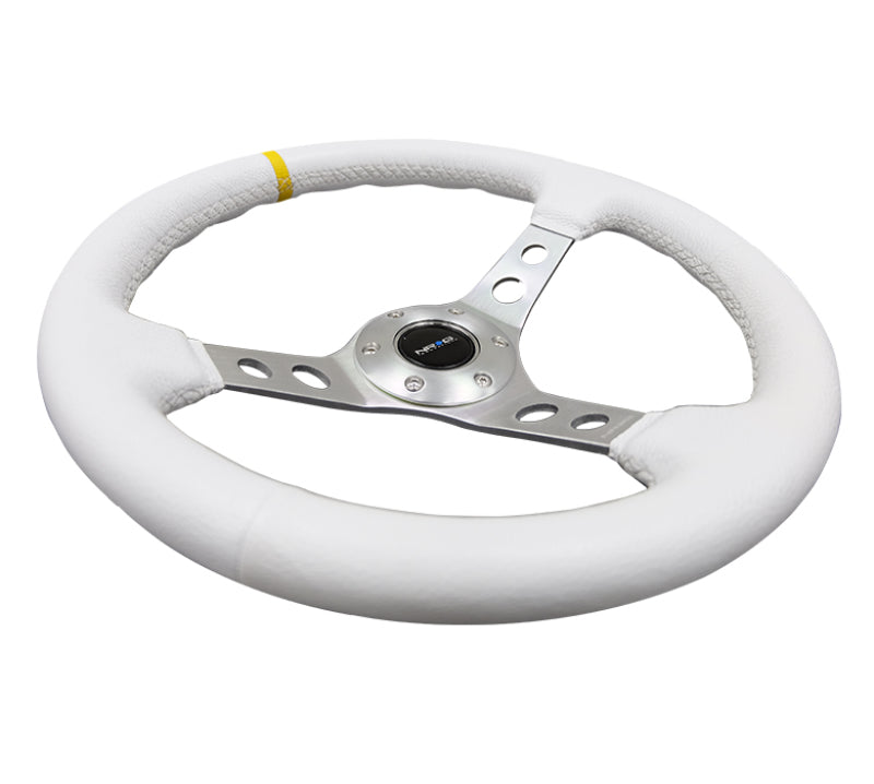 NRG Reinforced Steering Wheel (350mm / 3in. Deep) Wht Leather w/Silver Spoke & Single Yellow Mark RST-006WT-Y RST-006WT-Y Photo - Primary