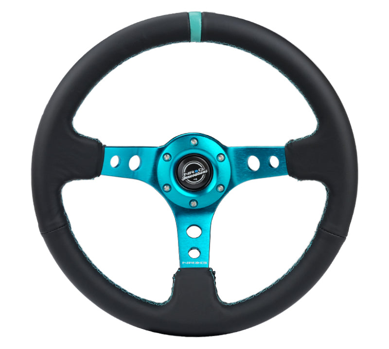 NRG Reinforce Steering Wheel (350mm / 3in. Deep) Blk Leather, Teal Center Mark w/ Teal Stitching RST-006TL RST-006TL Photo - Primary