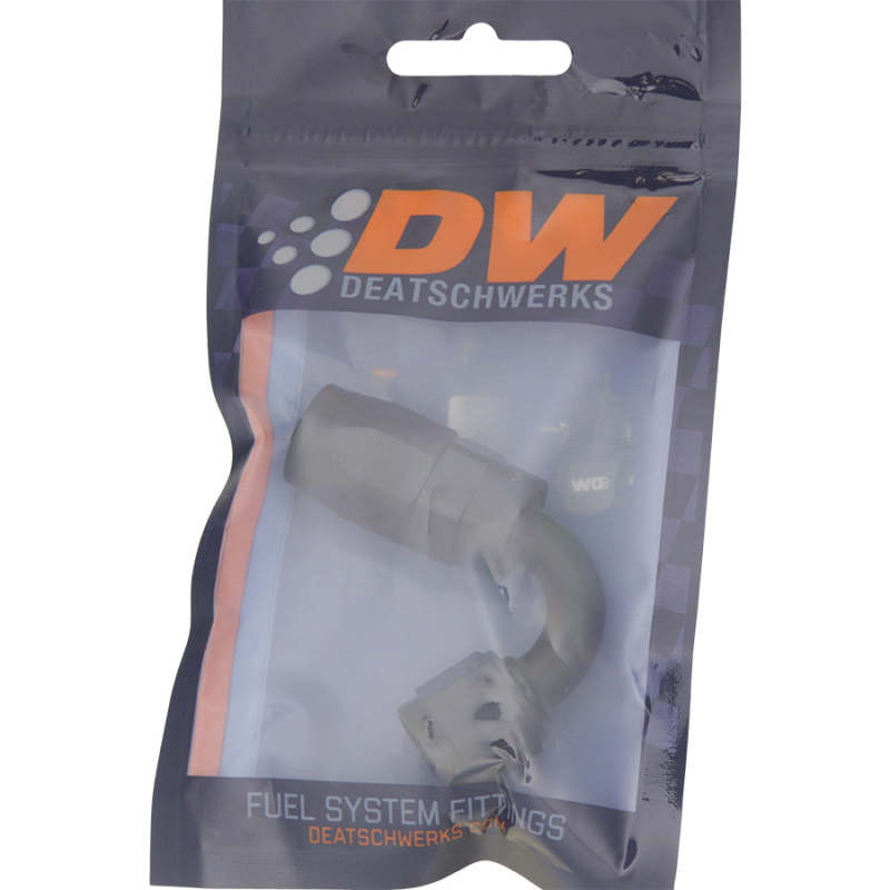 DeatschWerks 6 AN Female Flare Swivel 120-Degree Hose End CPE - Anodized Matte Black 6-02-0820-B 6-02-0820-B Photo - lifestyle view