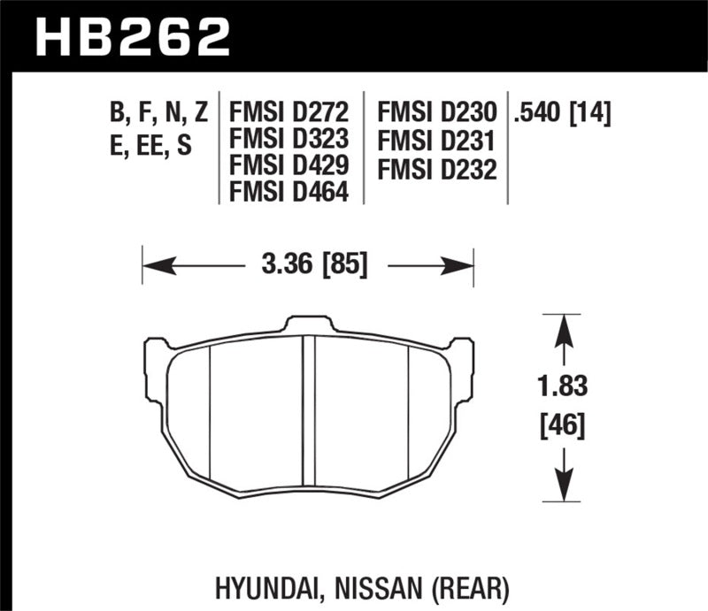 Hawk Street HPS Brake Pads Rear Hyundai Elantra Base 1999-2000 HB262F.540 Photo - Primary