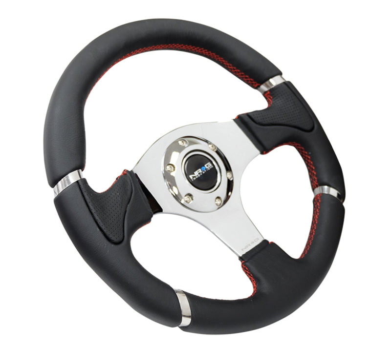 NRG Reinforced Steering Wheel (320mm) Blk Leather/Red Stitching w/Chrome 3-Spoke Center RST-008R RST-008R Photo - Primary