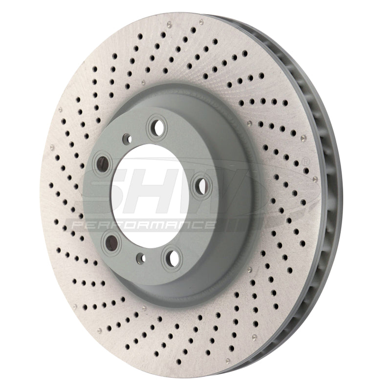 SHW Performance SHW 07-13 Porsche 911 Turbo 3.8L w/o Ceramic Brakes Left Front Drilled-Dimpled MB Brake Rotor PFL30904 PFL30904 Photo - Primary