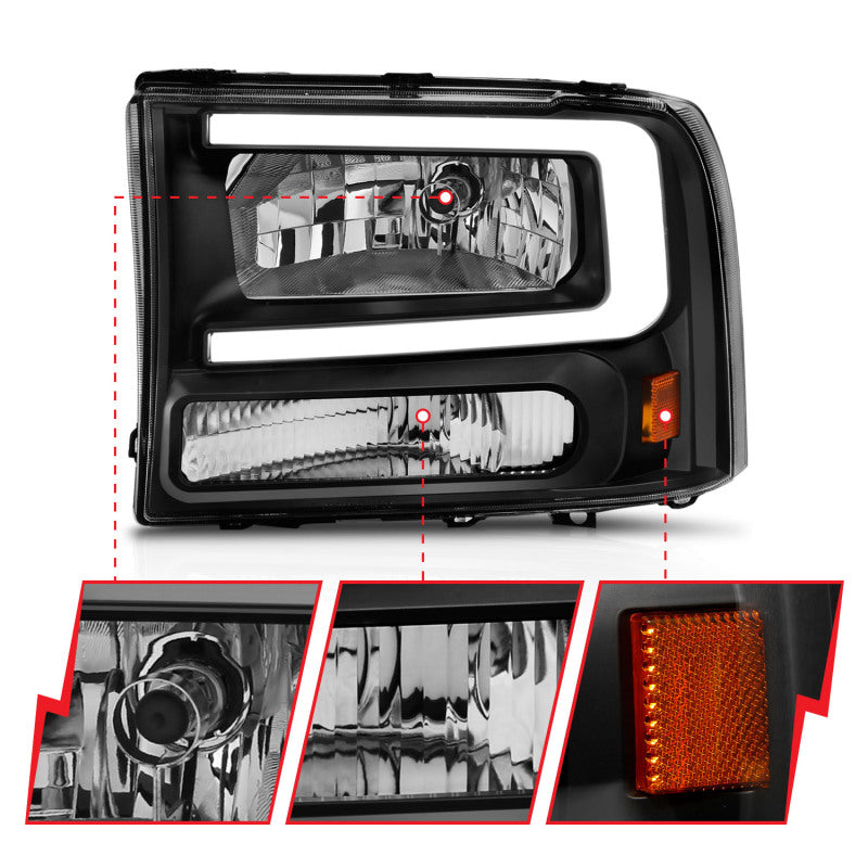 ANZO 99-04 Ford F250/F350/F450/Excursion (excl. 99) Crystal Headlights - w/ Light Bar Black Housing 111549 111549 Photo - Unmounted