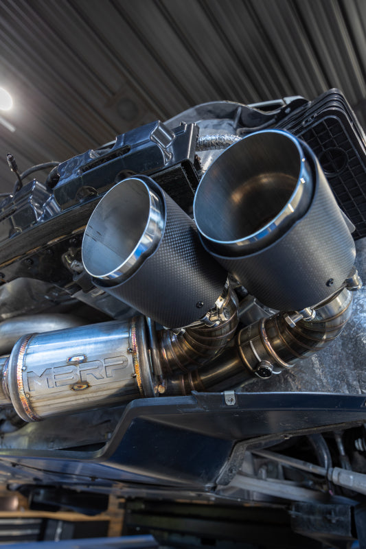 MBRP 20-24 Chevrolet Corvette C8 3in Active Cat Back Quad Split Rear Exit Exhaust w/ AFM Sims S70413CF S70413CF Photo - Mounted