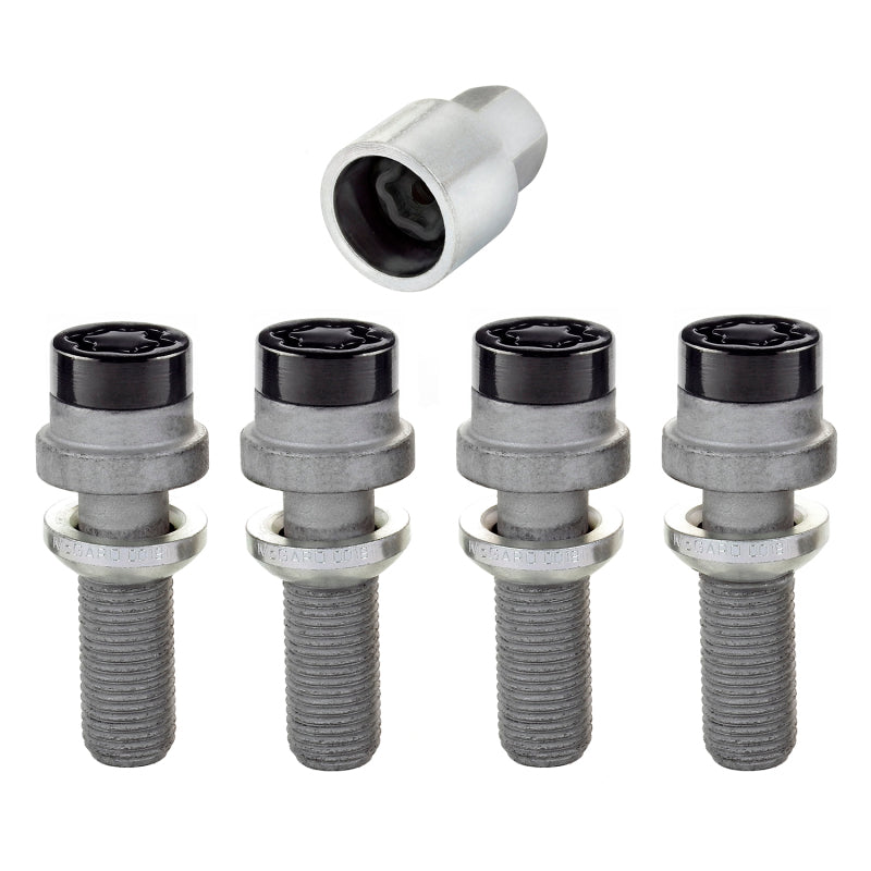 McGard Wheel Lock Bolt Set - 4pk. (Radius Seat) M14X1.5 / 19mm Hex / 35.4mm Shank Length - Black 28332 28332 Photo - out of package
