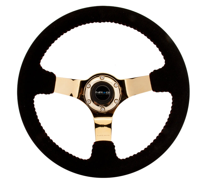 NRG Reinforced Steering Wheel (350mm / 3in. Deep) Blk Suede w/Red BBall Stitch & Chrome Gold 3-Spoke RST-036GD-S RST-036GD-S Photo - Primary