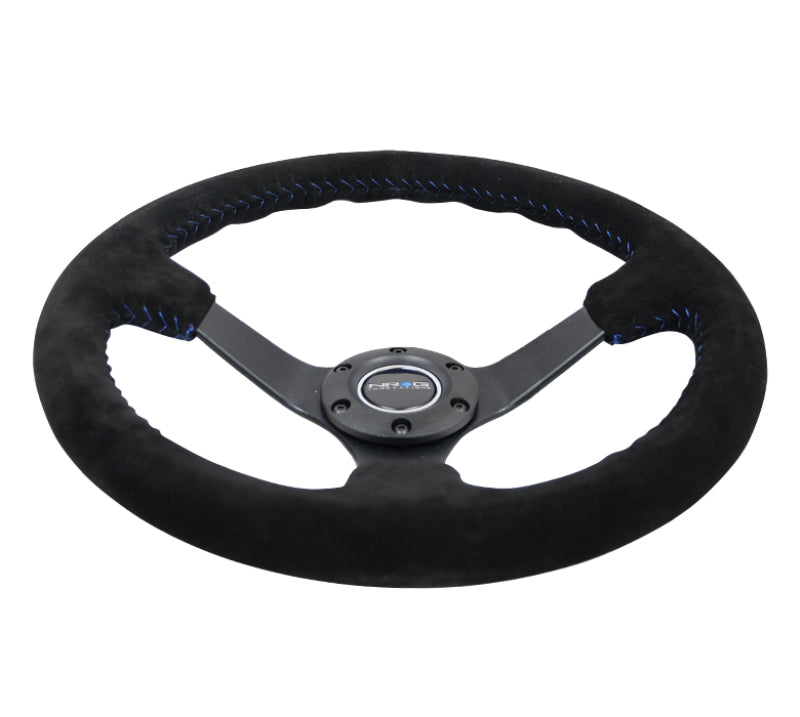 NRG Reinforced Steering Wheel (350mm / 3in. Deep) Blk Suede/Blue BBall Stitch w/5mm Matte Blk Spokes RST-036MB-S-BL RST-036MB-S-BL Photo - Primary