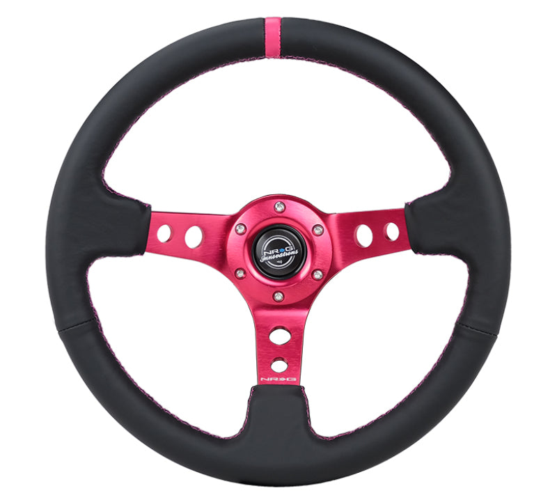 NRG Reinforced Steering Wheel (350mm/3in. Deep) Black Leather/ Fushia Center Mark/ Fushia Stitching RST-006FH RST-006FH Photo - Primary