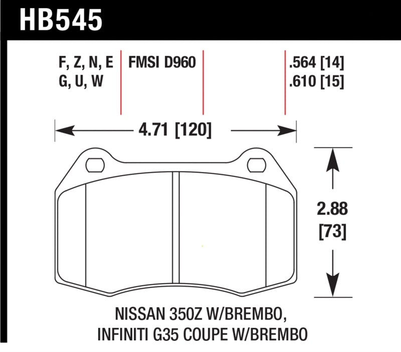 Hawk HP Plus Brake Pads Front Nissan 350Z Track 2004-2009 HB545N.564 Photo - Primary