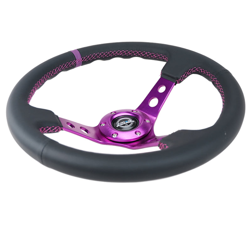 NRG Reinforced Steering Wheel (350mm / 3in. Deep) Black Leather w/Purple Center & Purple Stitching RST-006PP RST-006PP Photo - Primary