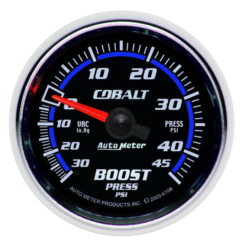 Autometer Gauge, Vac/Boost, 2 1/16", 30INHG-45Psi, Mechanical, Cobalt 6108 Photo - Primary