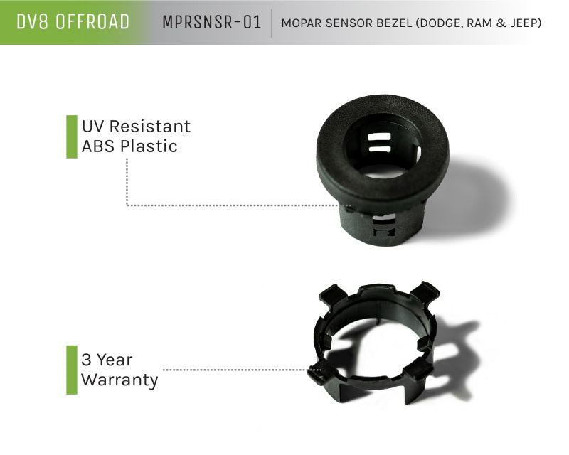 DV8 Offroad Jeep/Dodge/RAM Front Bezel & Rear Clip Replacement Kit for MOPAR Sensors - Set of 4 MPRSNSR-01 MPRSNSR-01 Product Brochure - a specific brochure describing a Product