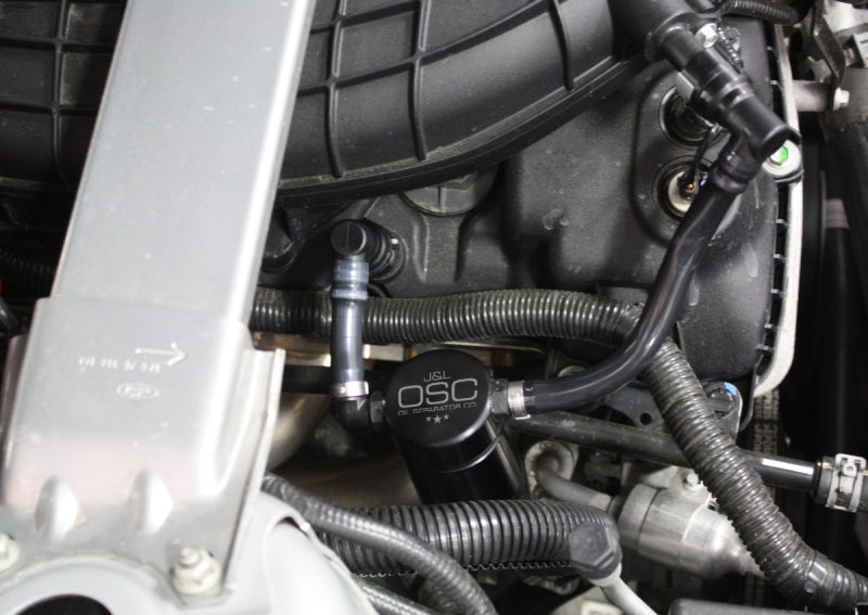 J&L 11-17 Ford Mustang V6 Passenger Side Oil Separator 3.0 - Black Anodized 3014P-B 3014P-B Photo - Mounted