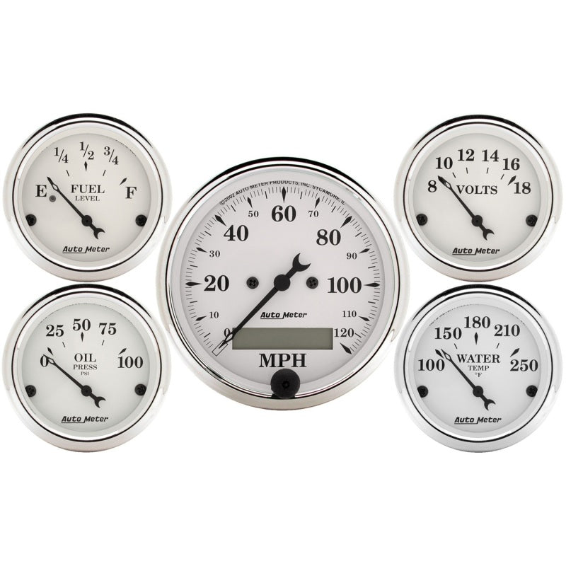 Autometer Gauge Kit, 5 pc., 3 1/8" & 2 1/16", Elec. Speedometer, Old Tyme White 1602 Photo - Primary