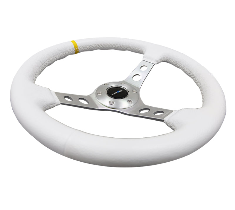 NRG Reinforced Steering Wheel (350mm / 3in. Deep) Wht Leather w/Silver Spoke & Single Yellow Mark RST-006WT-Y RST-006WT-Y Photo - Primary