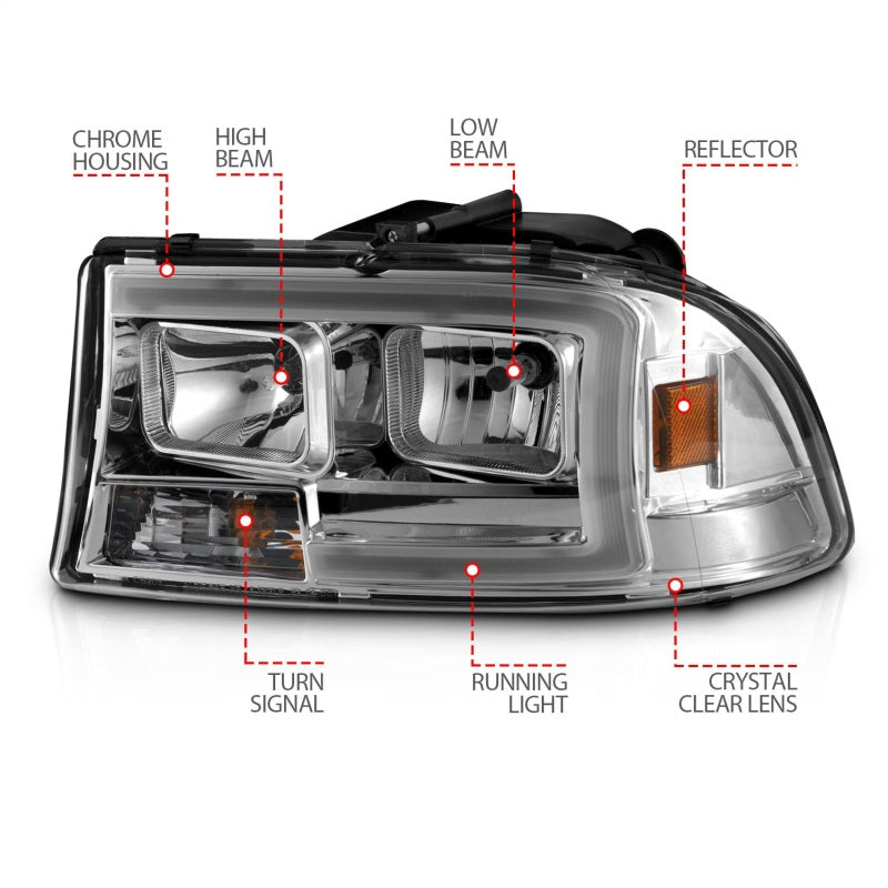 ANZO 97-04 Dodge Dakota/Durango Crystal headlight Set w/ Light Bar Chrome Housing 111592 111592 Photo - Unmounted