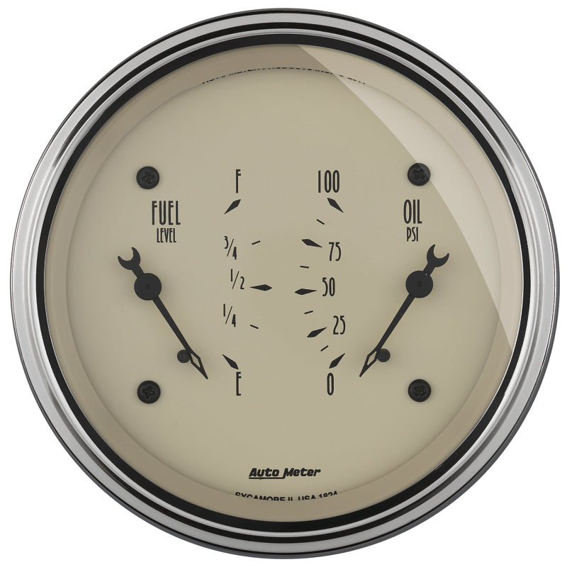 AutoMeter Gauge Dual Fuel & Oilp 3-3/8in. 0 Ohm(e) to 90 Ohm(f)& 100PSI Elec Antq Beige 1824 1824 Photo - Primary