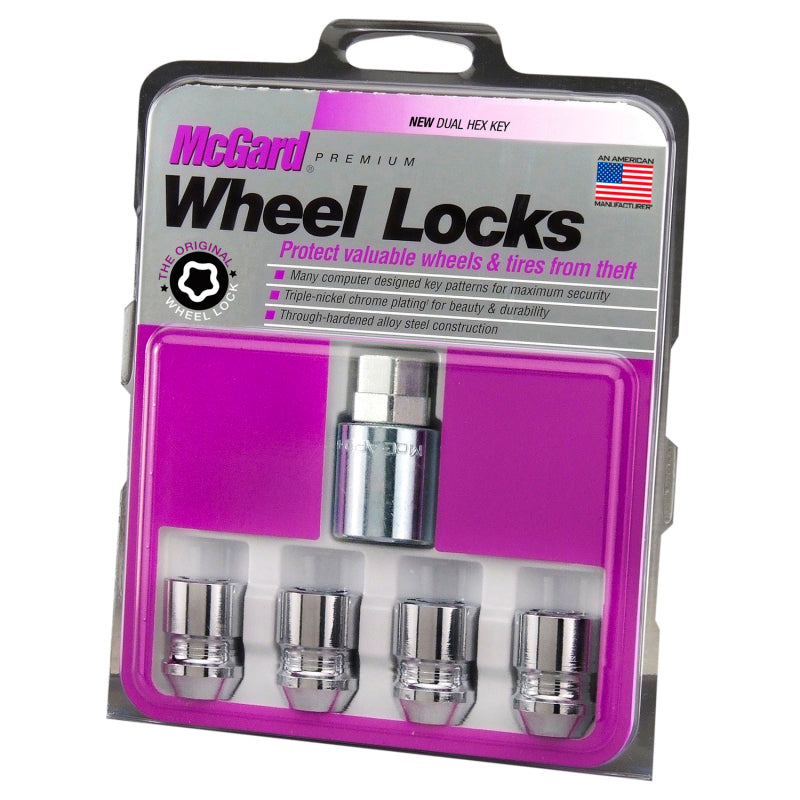 McGard Wheel Lock Nut Set - 4pk. (Cone Seat) M12X1.25 / 19mm & 21mm Dual Hex / 1.28in. L - Chrome 24154 24154 Photo - in package