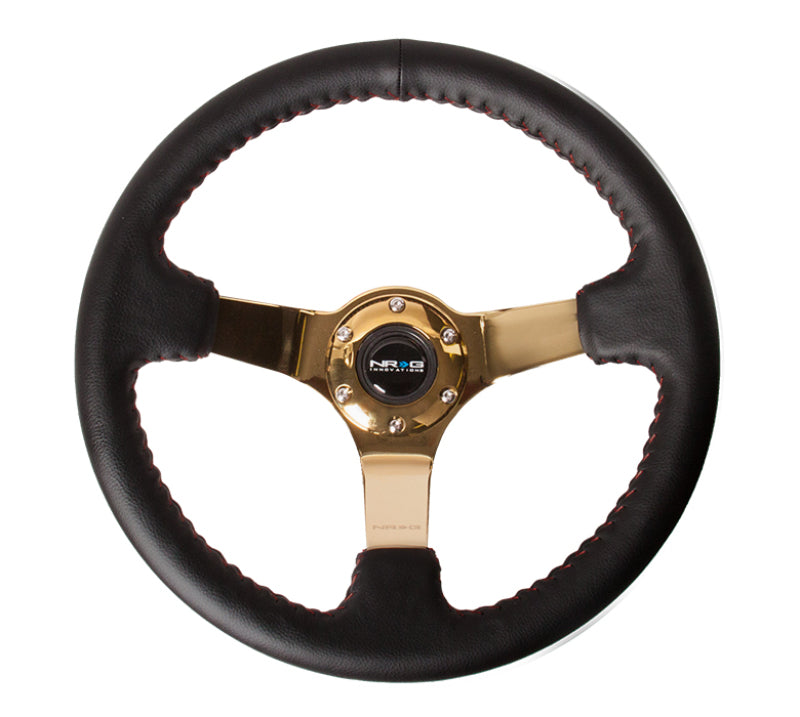 NRG Reinforced Steering Wheel (350mm / 3in. Deep) Blk Leather/Red BBall Stitch w/4mm Gold Spokes RST-036GD RST-036GD Photo - Primary