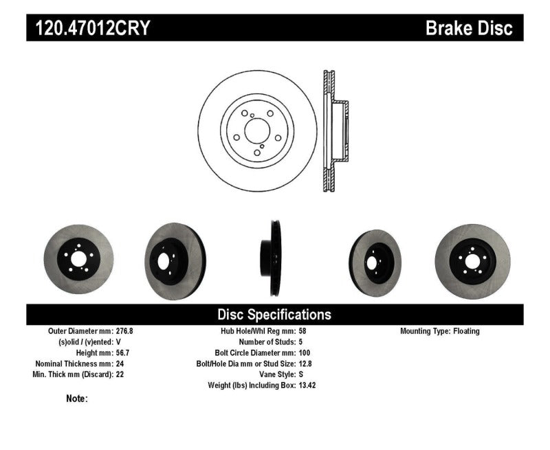 StopTech Premium Cryostop Rotor; Front 120.47012CRY Catalog