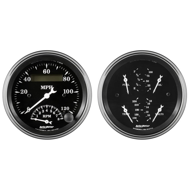 Auto Meter Gauge Kit 2 pc. Quad & Tach/Speedo 3 3/8in Old Tyme Black 1720 1720 Photo - Primary