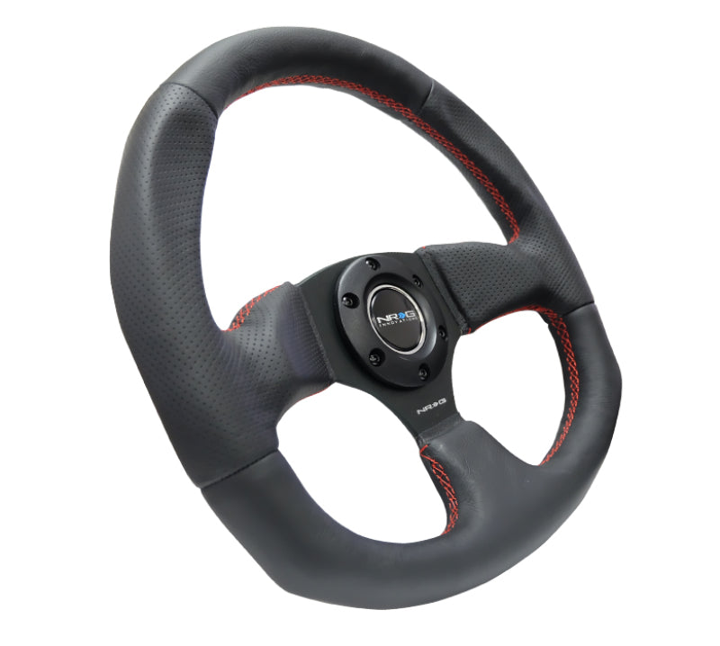 NRG Flat Bottom Style Reinforced Leather Steering Wheel RED stitch 320mm RST-009R-RS Photo - Primary