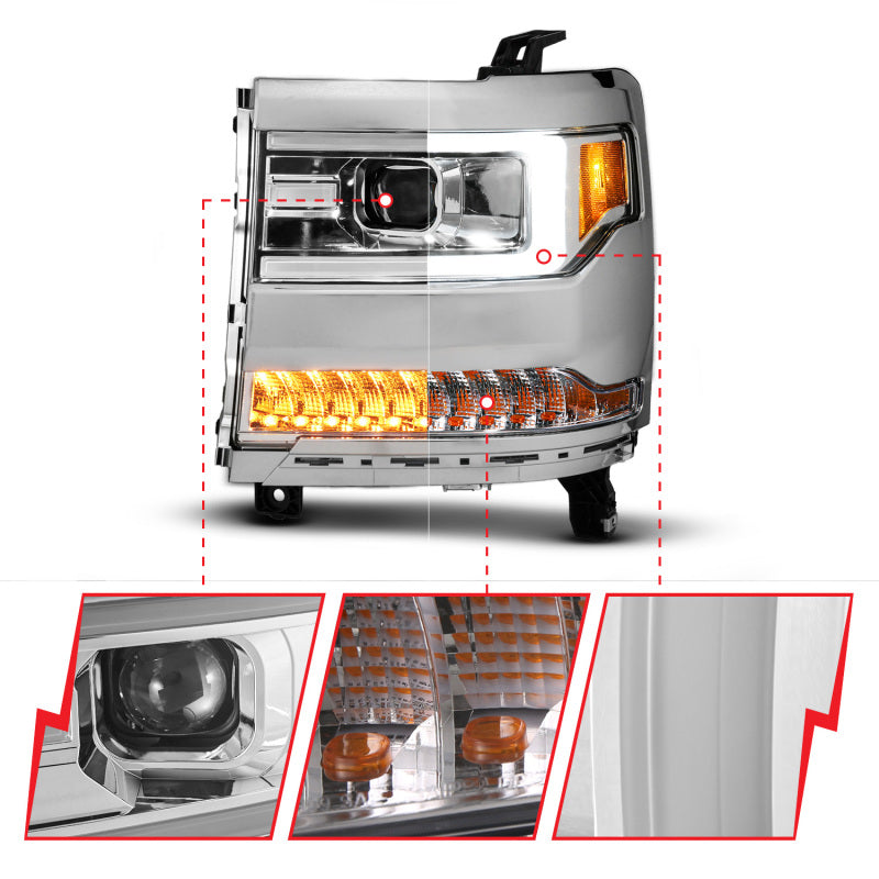 ANZO 16-18 Chevy Silverado1500 (Factory HID Models) LED Prj Light Bar Style Headlights Chrome - Pair 111625A 111625A User 1