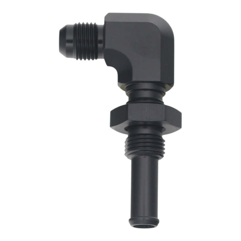 DeatschWerks 6AN Male Flare to 90-Degree 3/8in Single Hose Barb - Anodized Matte Black 6-02-0733-B 6-02-0733-B Photo - Primary